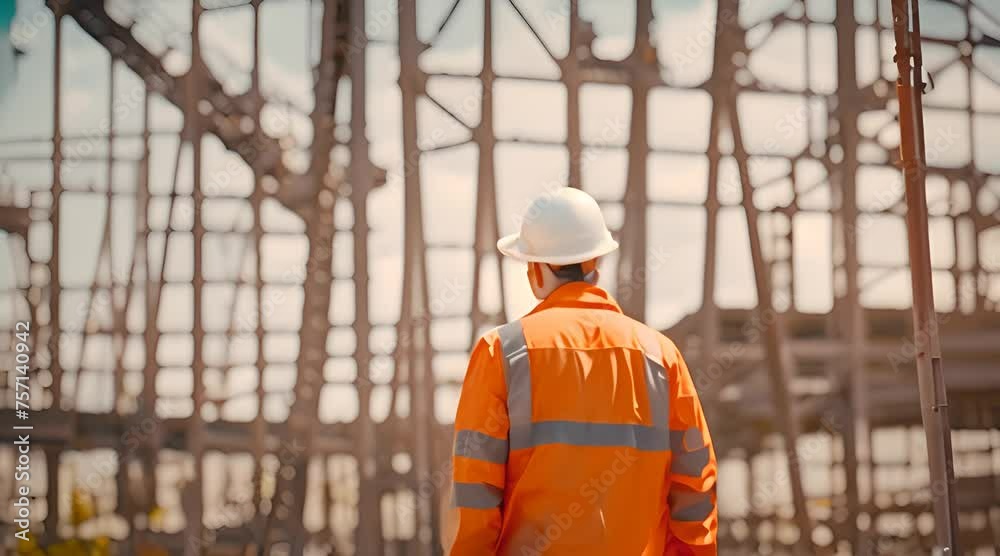 Worker Contractor Wearing Hard Hat and Safety Vests on Industrial Building Construction Site. In the Background Crane, Skyscraper Concrete Formwork Frames