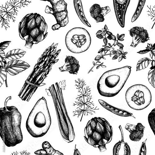 Vegetables seamless pattern. Healthy food background. Vegetarian food design. Hand-drawn vector illustration. NOT AI generated