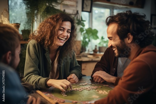 Friends playing a board game on a rainy November day