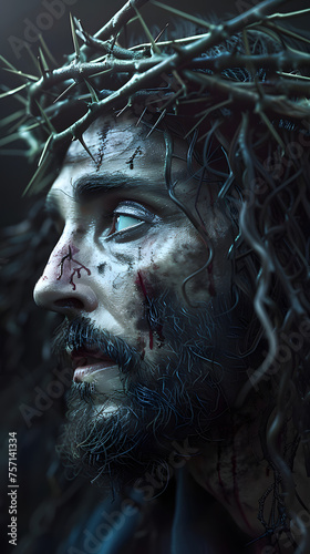 portrait of god Jesus with a look of despair wearing a crown of thorns,  © john