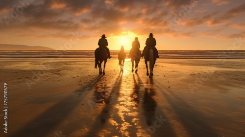 Silhouette of two women on horseback riding on the beach at sunset