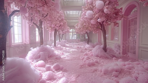 a very pretty pink room with a lot of pink stuff on the floor and trees in the middle of the room. photo