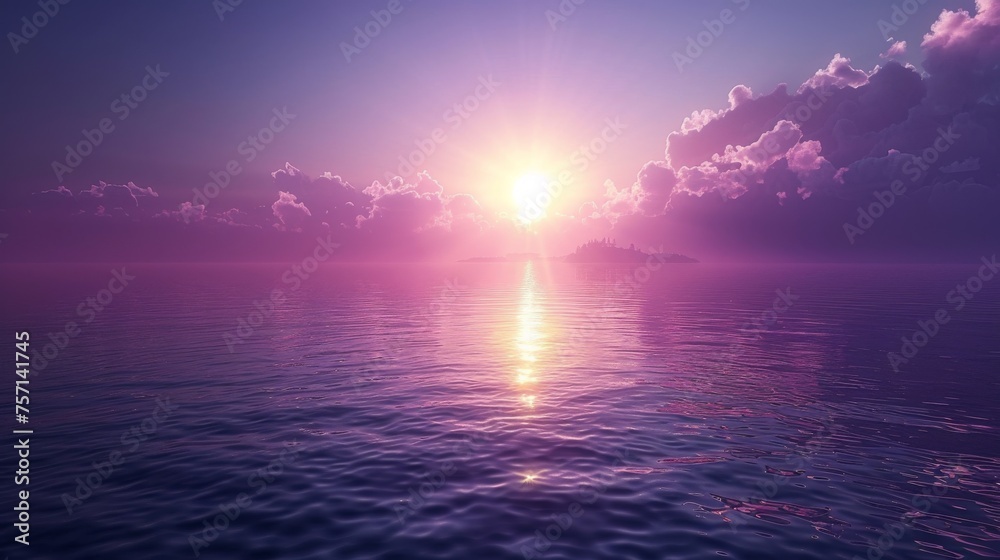 a large body of water with a bright sun in the middle of the sky and clouds in the middle of the water.