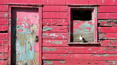 a bird sitting on a window sill of an old red building with peeling paint and peeling paint on it. © Nadia