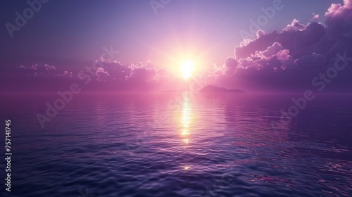 a large body of water with a bright sun in the middle of the sky and clouds in the middle of the water.