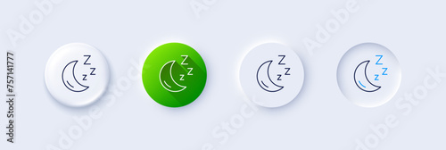 Moon line icon. Neumorphic, Green gradient, 3d pin buttons. Sleep zzz sign. Night lunar symbol. Line icons. Neumorphic buttons with outline signs. Vector