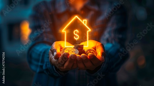 real estate agent holds coins in his hands and a glowing house symbol with a dollar sign above it is visible in a closeup shot against a bokeh background, representing the home sales concept 