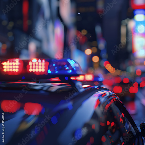 A close-up shot of the flashing blue and red lights atop a police car, with the bustling cityscape blurred in the background.