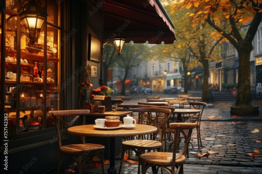 A cozy coffee shop on a rainy autumn day