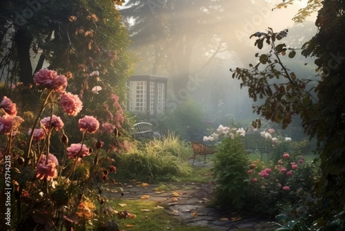 A foggy autumn morning in a garden with colorful flowers