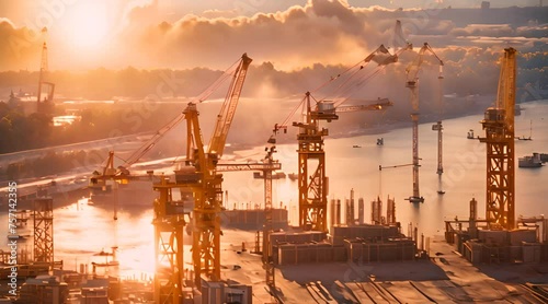 large construction site with several busy cranes in golden sunlight photo