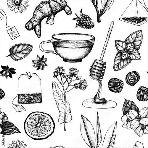 Tea seamless pattern. Herbal tea ingredient background. Herb, spice, fruit, berry sketches. Hand-drawn vector illustration. NOT AI generated