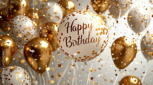 Elegant Golden Birthday Balloons and Confetti Celebration Scene, Happy Birthday Typography Balloons