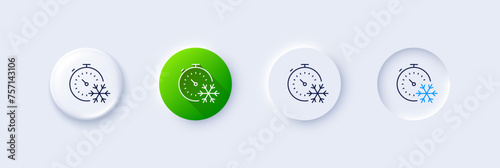 Freezing timer line icon. Neumorphic, Green gradient, 3d pin buttons. AC cold temperature sign. Fridge function symbol. Line icons. Neumorphic buttons with outline signs. Vector