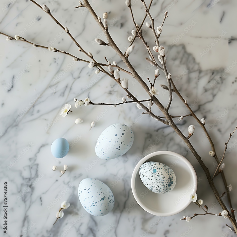 Easter table, with elegant and simple Easter decorations in the form of blue Easter eggs