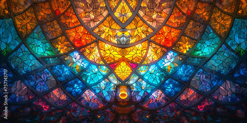 A stained glass window with a flower pattern in the center photo