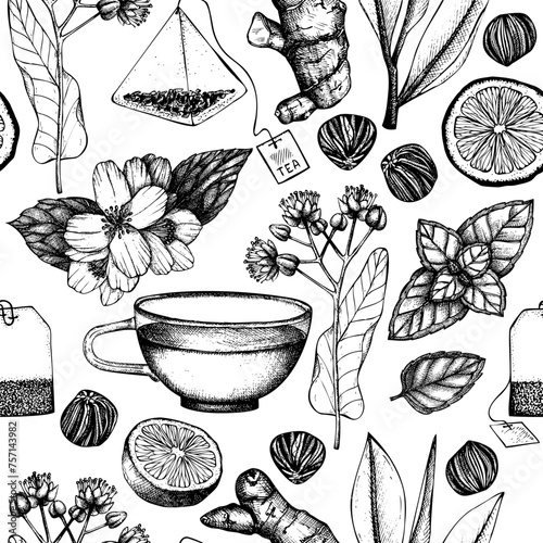 Tea seamless pattern. Herbal tea ingredient background. Herb, spice, fruit, berry sketches. Hand-drawn vector illustration. NOT AI generated