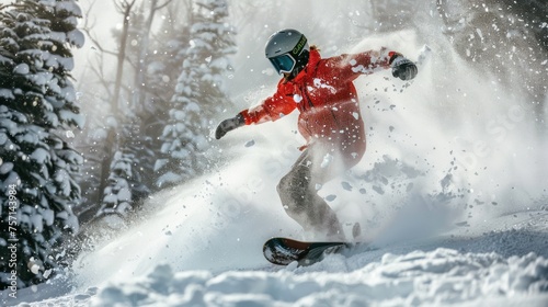 Snowboarder going down ski slope on snow background, man in mask rides snowboard spraying powder in winter. Concept of sport, extreme, speed, downhill, piste, splash