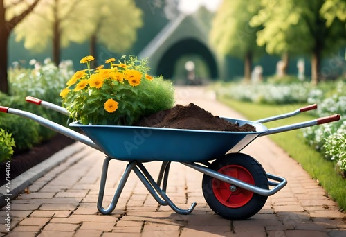 wheelbarrow with flowers in the garden photo