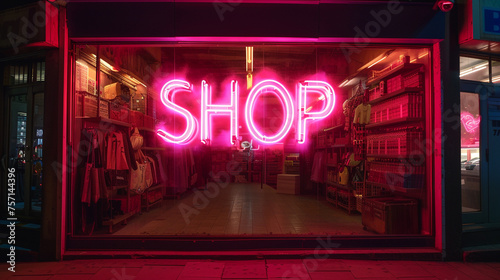 The neon lights form the words "SHOP OPEN" against a bold and striking red background, creating a sense of urgency and excitement, ideal for attracting attention in a bustling urban setting.