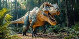 A realistic illustration of a Tyrannosaurus rex dominates the Jurassic theme park and captivates visitors.