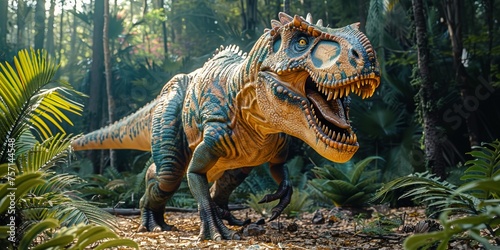A realistic illustration of a Tyrannosaurus rex dominates the Jurassic theme park and captivates visitors.