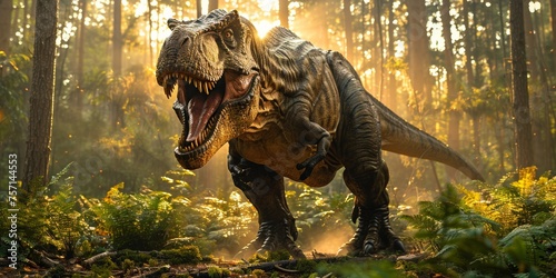 A huge Tyrannosaurus rex roars through a prehistoric forest  demonstrating its strength and dominance.