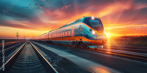 A high-speed electric train rushes along the railway at sunset, symbolizing modern transport.