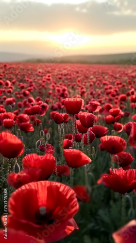 poppy fields in sunset sky with sunlight, blurred background