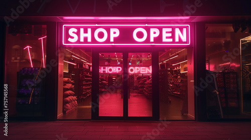 The phrase "SHOP OPEN" glows warmly in neon against a rich maroon background, casting a comforting and inviting light, creating an ambiance of accessibility and warmth. © Abdul