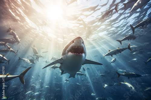 Electric blue fish swim around the great white shark in the dark ocean © mihail