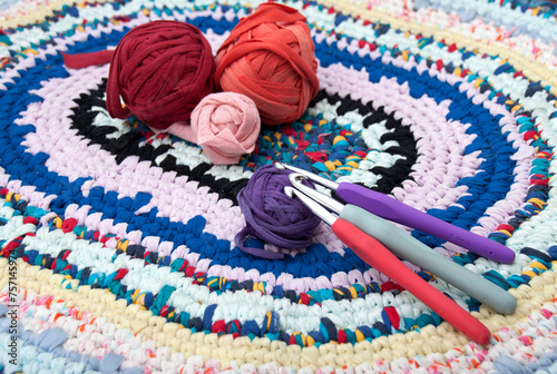 Colored rug and crochet hooks