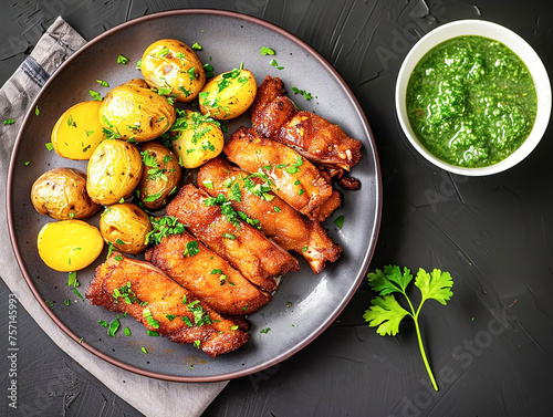 Traditional dish of Danesrdue Stegt flæsk is crispy pork accompanied by a plate of boiled potatoes and parsley sauce. photo