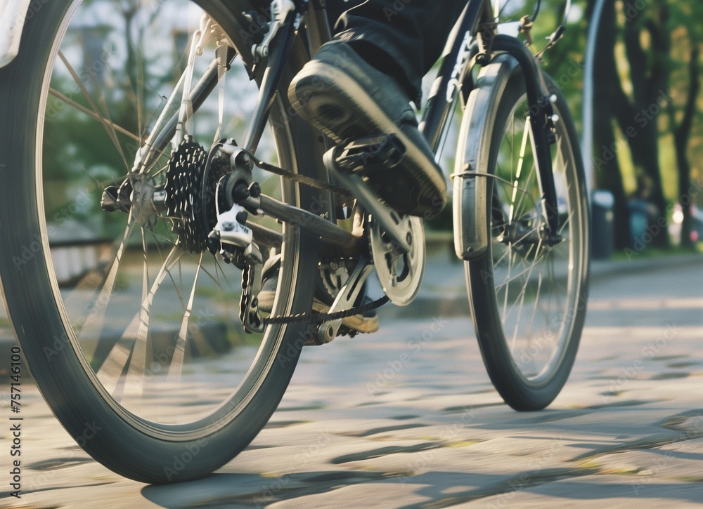 Fototapeta premium Bike at the summer sunset on the tiled road in the city park. Cycle closeup wheel on blurred summer background. Cycling down the street to work at summer sunset. Bicycle and ecology lifestyle concept.
