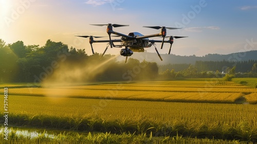 drone spraying pesticide on rice field  drone spraying pesticide on rice field