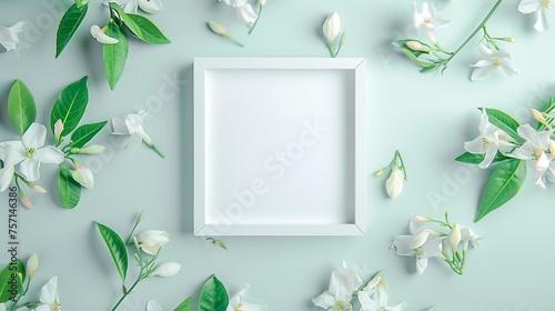 A pristine white empty picture frame centered amidst a delicate arrangement of fragrant jasmine flowers on a neutral background, evoking a sense of purity and simplicity.