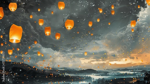 Modern Art Collage: Ethereal Lantern Festival Night