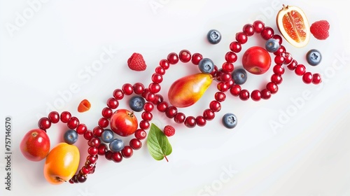 Colorful fruits and berries meticulously placed to form a double helix, symbolizing the DNA structure, representing the innovative field of nutrigenomics. photo