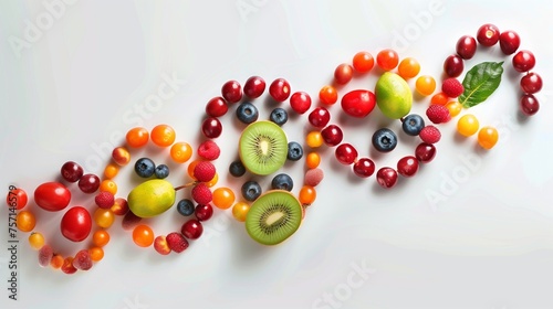 Colorful fruits and berries meticulously placed to form a double helix, symbolizing the DNA structure, representing the innovative field of nutrigenomics. photo