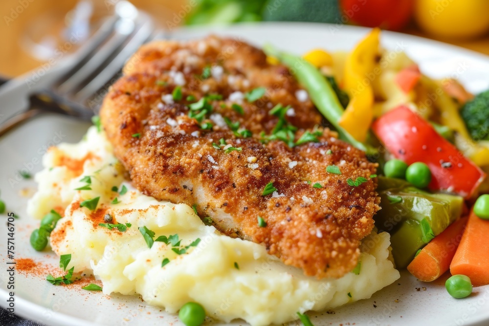 Dinner plate with fried pork chop, mashed potatoes, and vegetables Dinner plate with fried pork chop, mashed potatoes, and vegetables