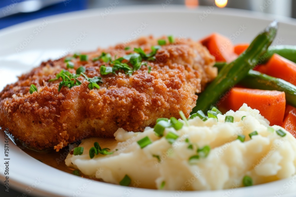 Dinner plate with fried pork chop, mashed potatoes, and vegetables