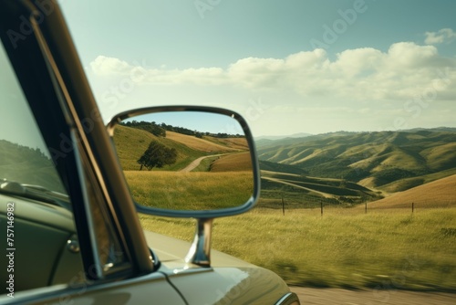 Close-up of a vintage car's side view mirror reflecting a countryside road