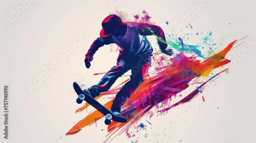 illustration of a snowboard  silhouette of a snowboarder with paint splashes