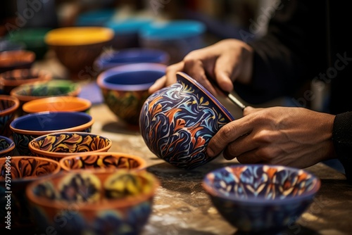 Close-up of hands painting intricate designs on traditional pottery