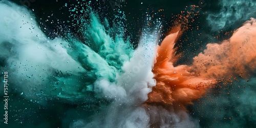 Explosive Burst of Vibrant Green, White, and Orange Powder on Black Background. Concept Colorful Powder Burst, Vibrant Hues, High-Contrast Background, Creative Photography, Dynamic Color Explosion