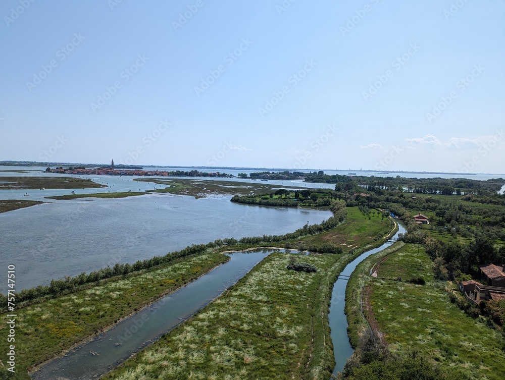 A bird's eye view looking over the Venice lagoon from the tower attached to the Santa Fosca Church, Torcello, Comune of Venice, Italy