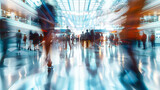 Airport hustle with travelers and blurred motion, emphasizing the fast pace and connectivity of modern transportation