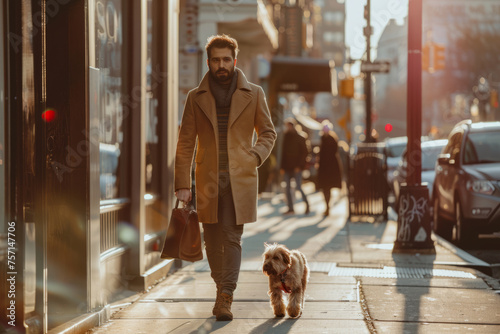 Man in a modern clothes walking walking his dog in the urban exterior. Generative AI
