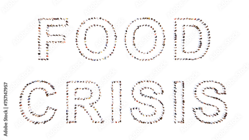 Concept or conceptual large community of people forming the FOOD CRISIS message. 3d illustration metaphor for food shortages due to recession, war, higher oil and energy prices and drought Concept or conceptual large community of people forming the FOOD CRISIS message. 3d illustration metaphor for food shortages due to recession, war, higher oil and energy prices and drought