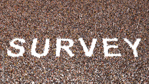 Concept or conceptual large community of people forming the the word SURVEY. 3d illustration metaphor for feedback and rating, evaluation, satisfaction, business, online, marketing and research